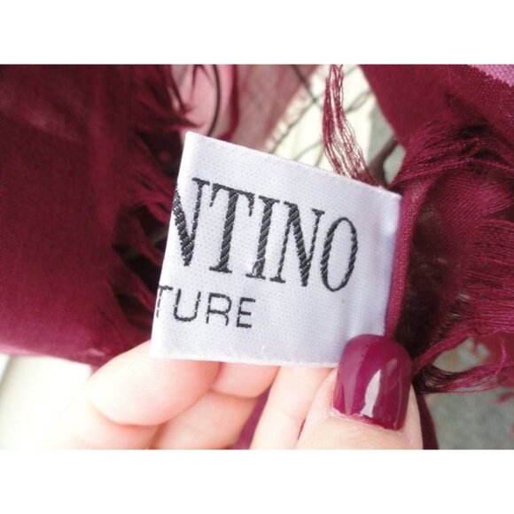 1970’s VALENTINO COUTURE Scarf Wrap Cashmere Silk Maroon Pink Polka Dots Italy - Picture 3 of 6